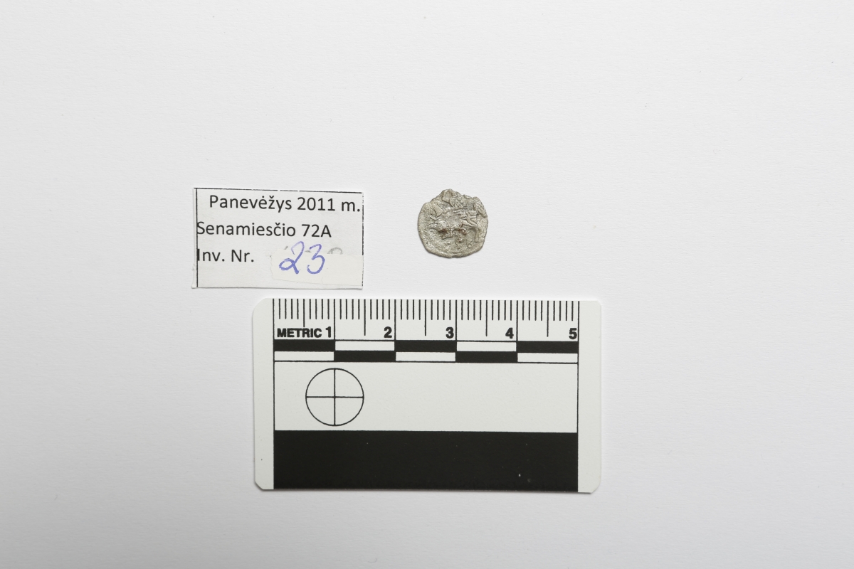 LDK. Žygimantas Augustas. Denaras. 1556 m. Sidabras. Ø 12 mm, Panevėžys, Perkasa Nr. 1, Kapas Nr. 4