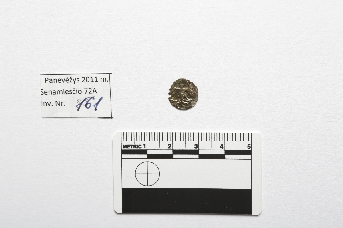 LDK. Žygimantas Augustas. Denaras. 1557 m. Sidabras. Ø 12 mm, Panevėžys, Perkasa Nr. 2, Kapas Nr. 123
